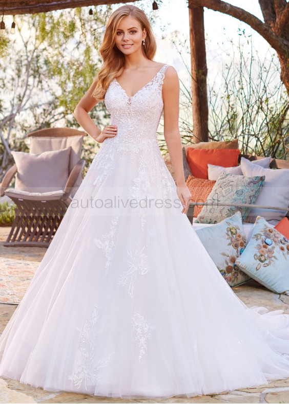V Neck Beaded White Lace Tulle V Back Wedding Dress